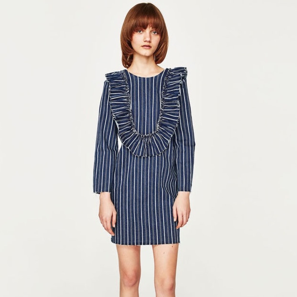 NWT Zara Striped Denim Dress w/ Frills